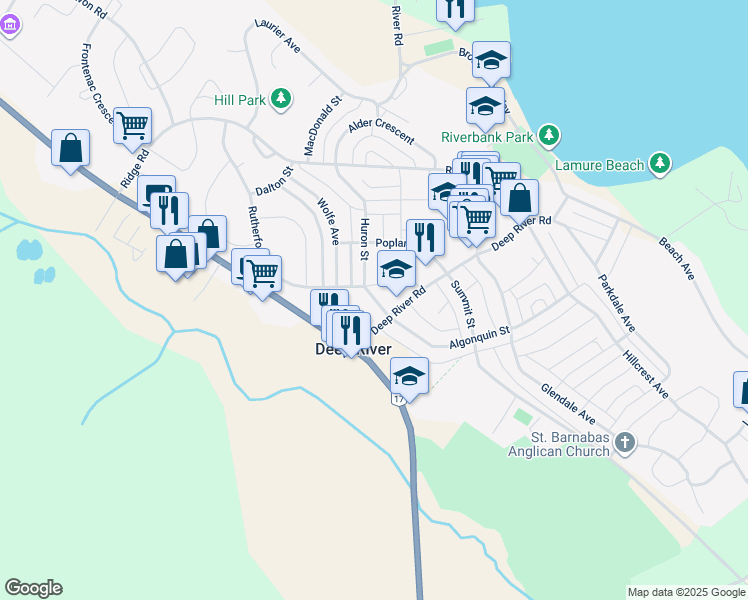 map of restaurants, bars, coffee shops, grocery stores, and more near Huron Street in Deep River