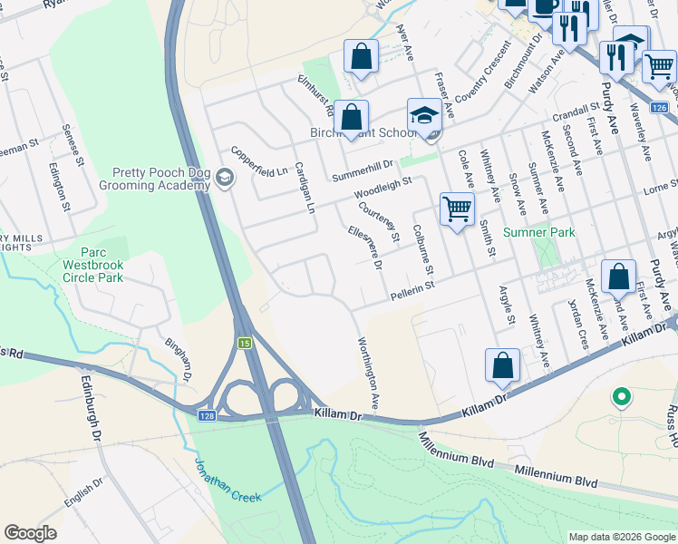 map of restaurants, bars, coffee shops, grocery stores, and more near 35 Hillary Crescent in Moncton