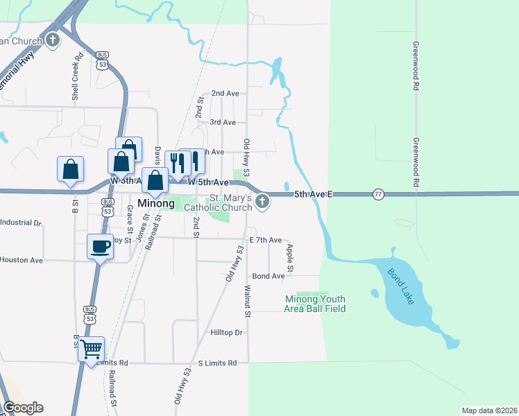 map of restaurants, bars, coffee shops, grocery stores, and more near 506 Main Street in Minong