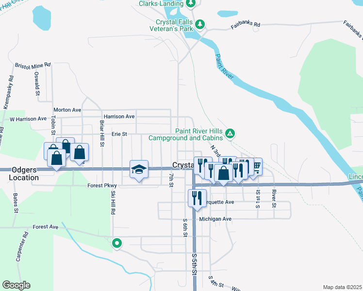map of restaurants, bars, coffee shops, grocery stores, and more near 201-299 North 6th Street in Crystal Falls