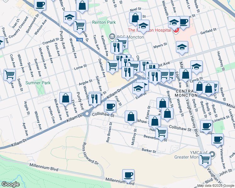 map of restaurants, bars, coffee shops, grocery stores, and more near 62 Killam Drive in Moncton