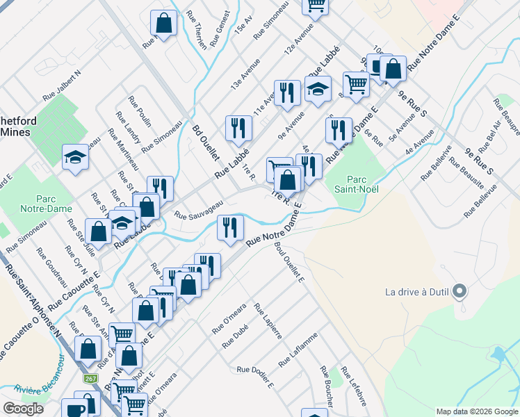 map of restaurants, bars, coffee shops, grocery stores, and more near 100 1re Rue in Thetford Mines