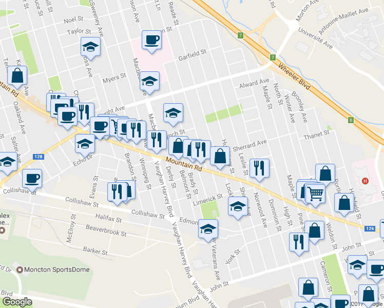 map of restaurants, bars, coffee shops, grocery stores, and more near 19 Walsh Street in Moncton