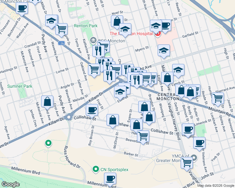 map of restaurants, bars, coffee shops, grocery stores, and more near in Moncton