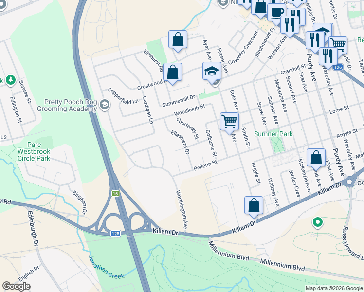 map of restaurants, bars, coffee shops, grocery stores, and more near 51 Huntington Court in Moncton