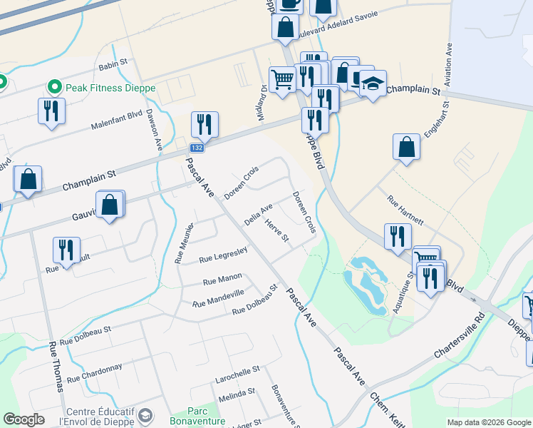 map of restaurants, bars, coffee shops, grocery stores, and more near 242 Herve Street in Dieppe