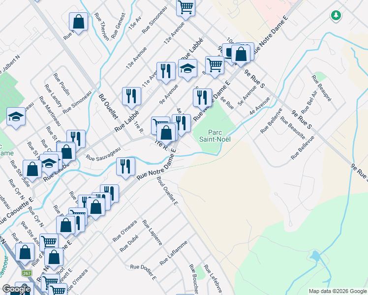 map of restaurants, bars, coffee shops, grocery stores, and more near 30 2e Rue Sud in Thetford Mines
