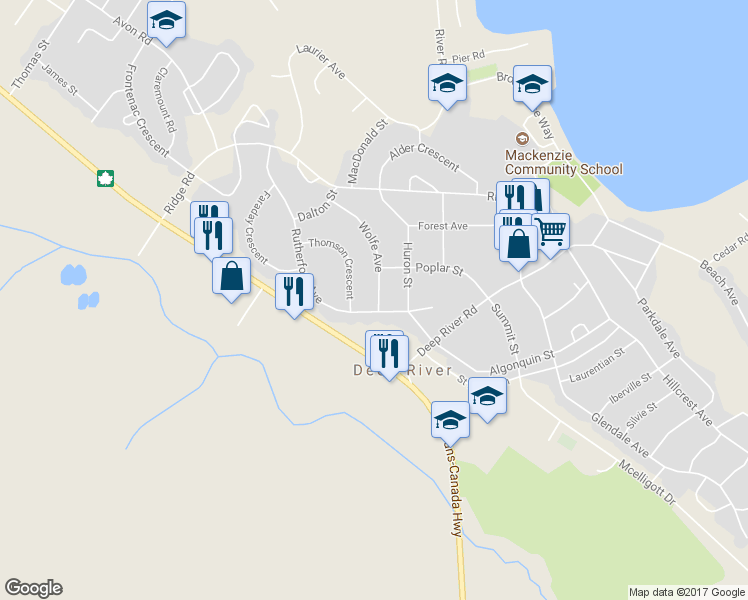 map of restaurants, bars, coffee shops, grocery stores, and more near 47 Wolfe Avenue in Deep River