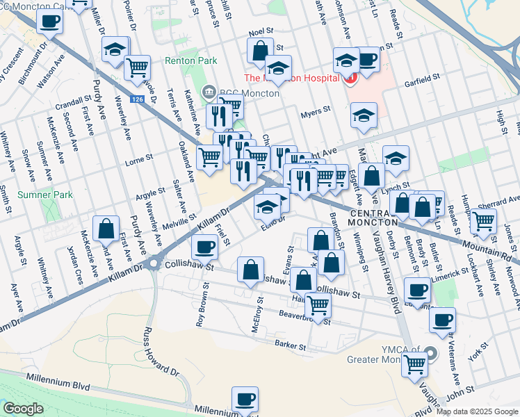 map of restaurants, bars, coffee shops, grocery stores, and more near 18 Keillor Street in Moncton