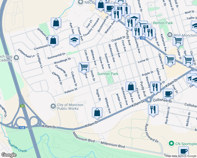 map of restaurants, bars, coffee shops, grocery stores, and more near 128 Whitney Avenue in Moncton