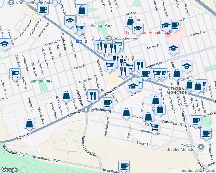 map of restaurants, bars, coffee shops, grocery stores, and more near 27 Oakland Avenue in Moncton