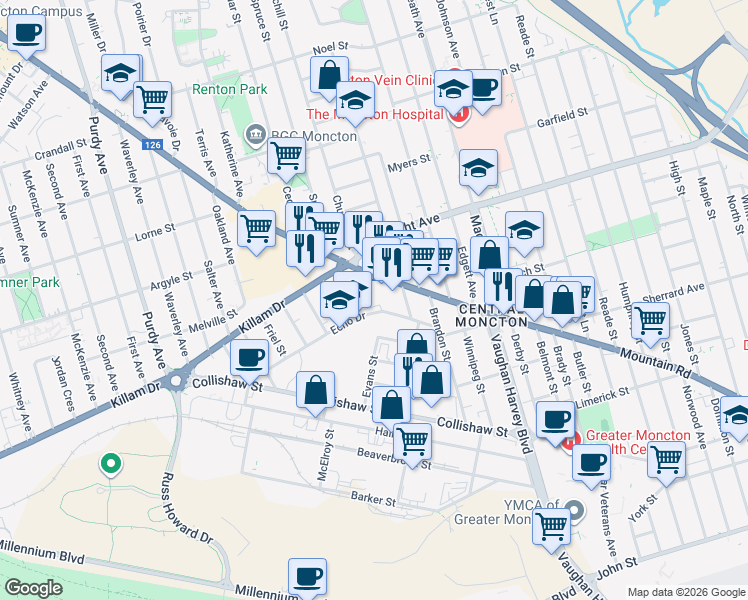 map of restaurants, bars, coffee shops, grocery stores, and more near 65 Echo Drive in Moncton