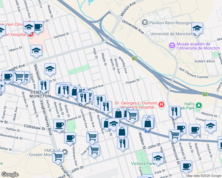 map of restaurants, bars, coffee shops, grocery stores, and more near 87 Maple Street in Moncton