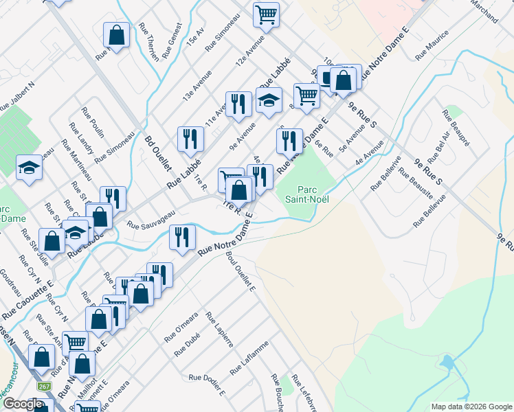 map of restaurants, bars, coffee shops, grocery stores, and more near 10 2e Rue Sud in Thetford Mines