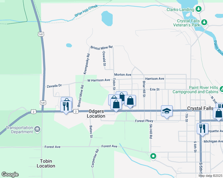 map of restaurants, bars, coffee shops, grocery stores, and more near 101-199 Tobin Street in Crystal Falls