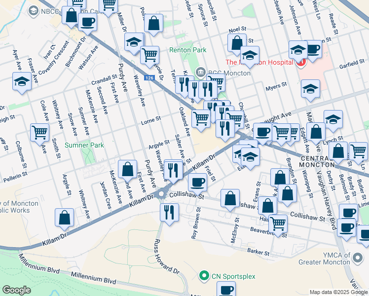 map of restaurants, bars, coffee shops, grocery stores, and more near 41 Salter Avenue in Moncton