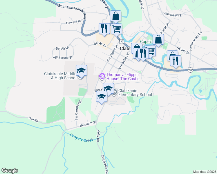 map of restaurants, bars, coffee shops, grocery stores, and more near 636 South Nehalem Street in Clatskanie