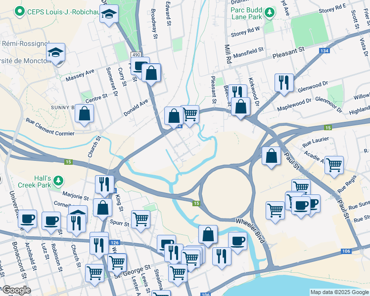 map of restaurants, bars, coffee shops, grocery stores, and more near 38 Germain Street in Moncton
