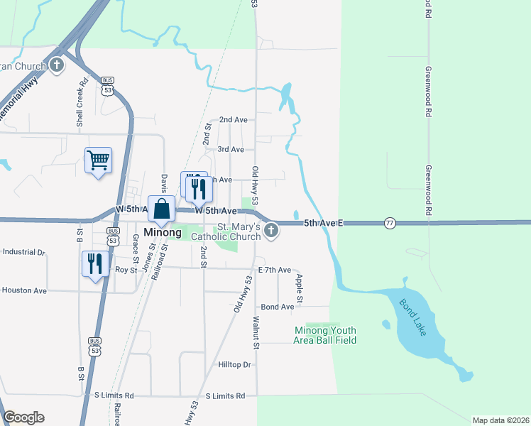map of restaurants, bars, coffee shops, grocery stores, and more near 506 Main Street in Minong