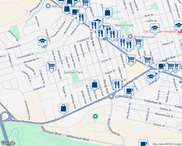 map of restaurants, bars, coffee shops, grocery stores, and more near in Moncton
