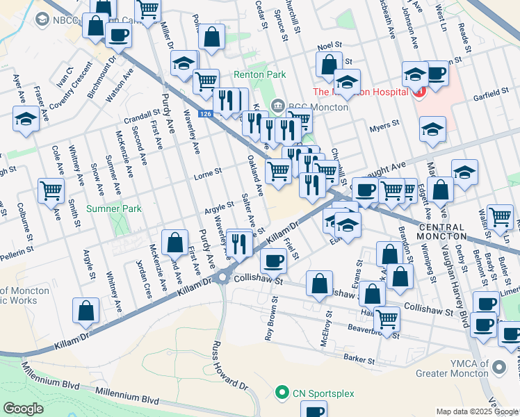 map of restaurants, bars, coffee shops, grocery stores, and more near 44 Oakland Avenue in Moncton