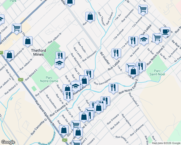 map of restaurants, bars, coffee shops, grocery stores, and more near 364 Rue Landry in Thetford Mines