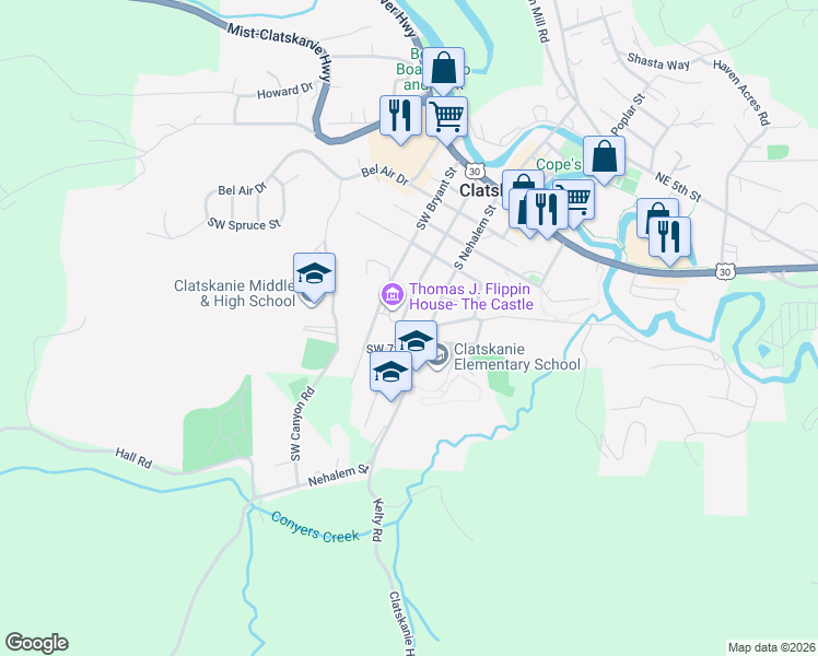 map of restaurants, bars, coffee shops, grocery stores, and more near 560 South Nehalem Street in Clatskanie