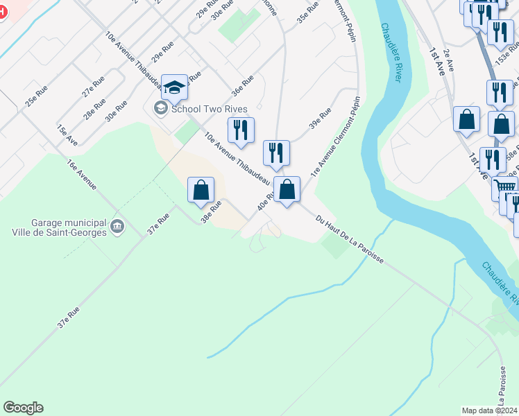 map of restaurants, bars, coffee shops, grocery stores, and more near 40e Rue in Saint-Georges