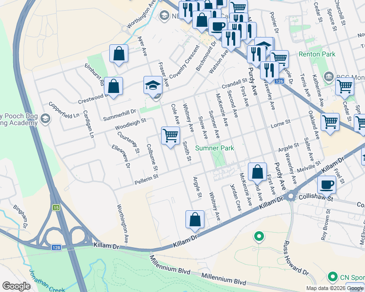 map of restaurants, bars, coffee shops, grocery stores, and more near in Moncton