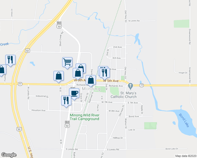 map of restaurants, bars, coffee shops, grocery stores, and more near 380 West 5th Avenue in Minong