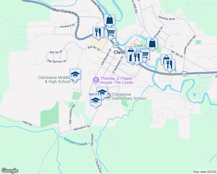 map of restaurants, bars, coffee shops, grocery stores, and more near 577 South Nehalem Street in Clatskanie