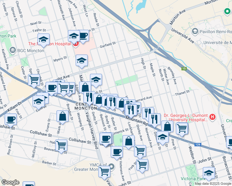 map of restaurants, bars, coffee shops, grocery stores, and more near 74 Humphrey Street in Moncton