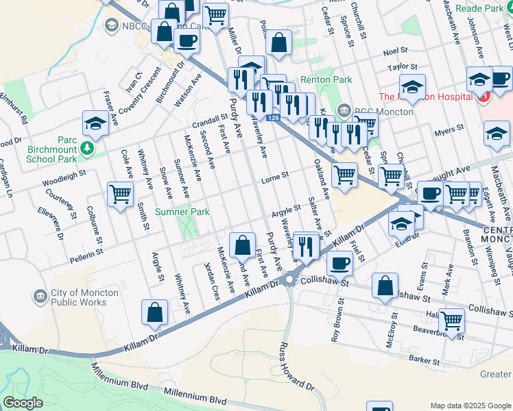 map of restaurants, bars, coffee shops, grocery stores, and more near in Moncton