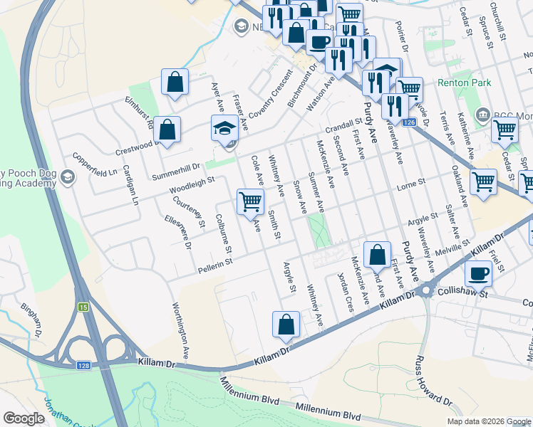 map of restaurants, bars, coffee shops, grocery stores, and more near 38 Smith Street in Moncton