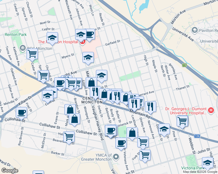 map of restaurants, bars, coffee shops, grocery stores, and more near in Moncton
