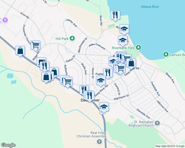 map of restaurants, bars, coffee shops, grocery stores, and more near 63 Poplar Street in Deep River