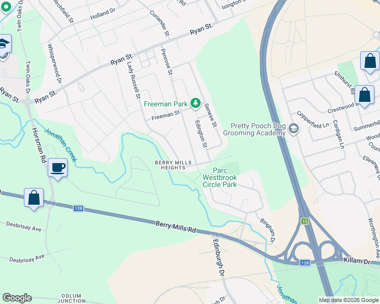 map of restaurants, bars, coffee shops, grocery stores, and more near 195 Penrose Street in Moncton