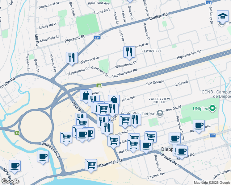 map of restaurants, bars, coffee shops, grocery stores, and more near 678 Rue Evangeline in Dieppe