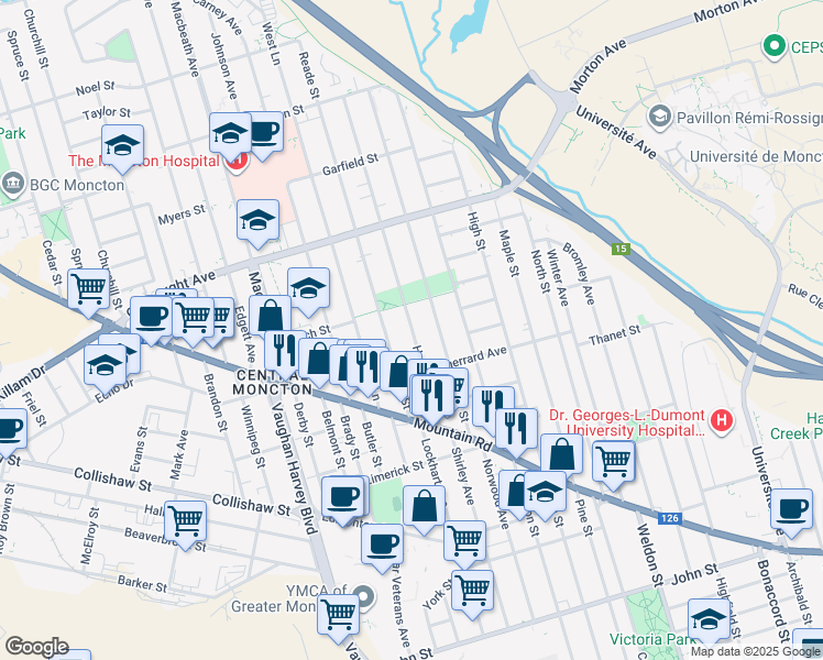 map of restaurants, bars, coffee shops, grocery stores, and more near 74 Humphrey Street in Moncton