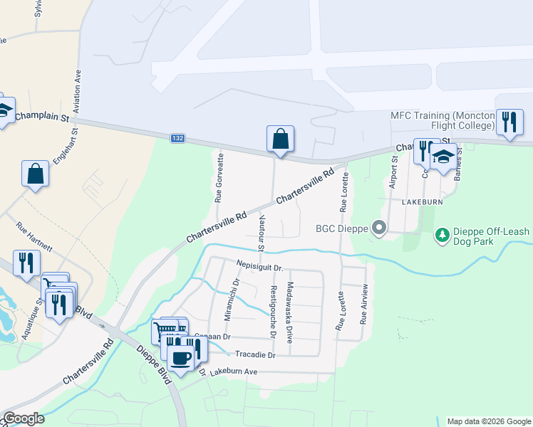 map of restaurants, bars, coffee shops, grocery stores, and more near 972 Chartersville Road in Dieppe