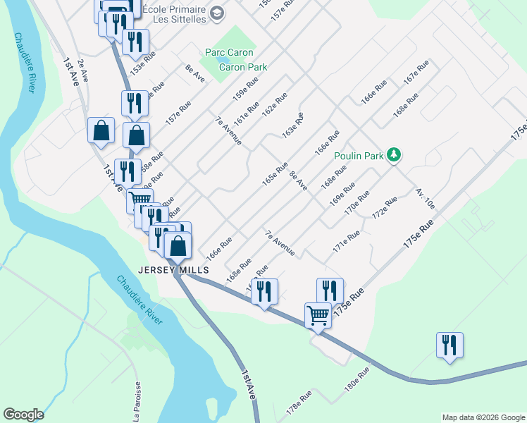 map of restaurants, bars, coffee shops, grocery stores, and more near 680 166e Rue in Saint-Georges