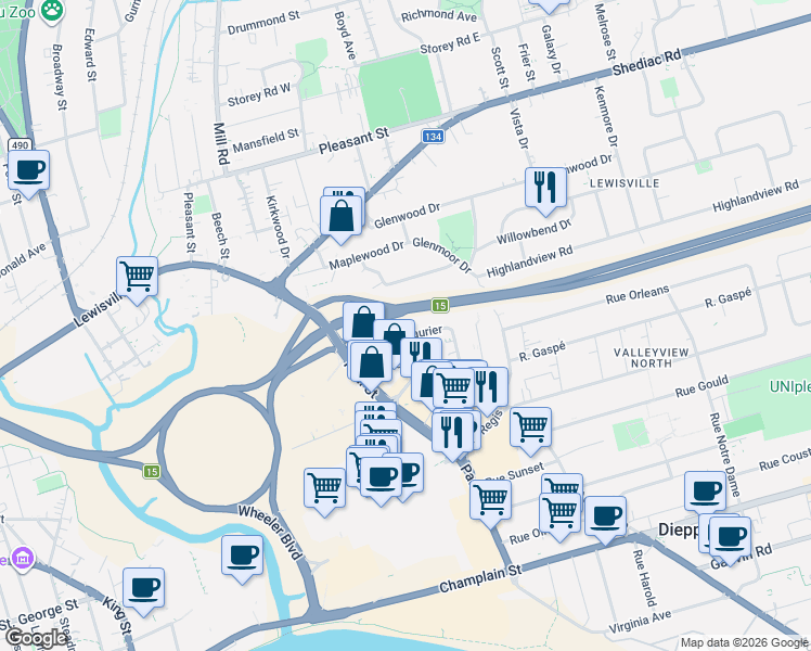 map of restaurants, bars, coffee shops, grocery stores, and more near 715 Rue Laurier in Dieppe