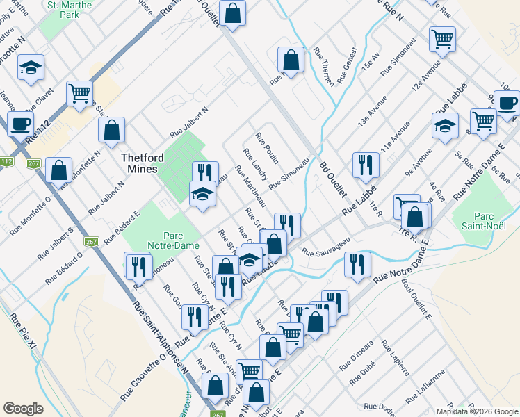 map of restaurants, bars, coffee shops, grocery stores, and more near 458 Rue Martineau in Thetford Mines