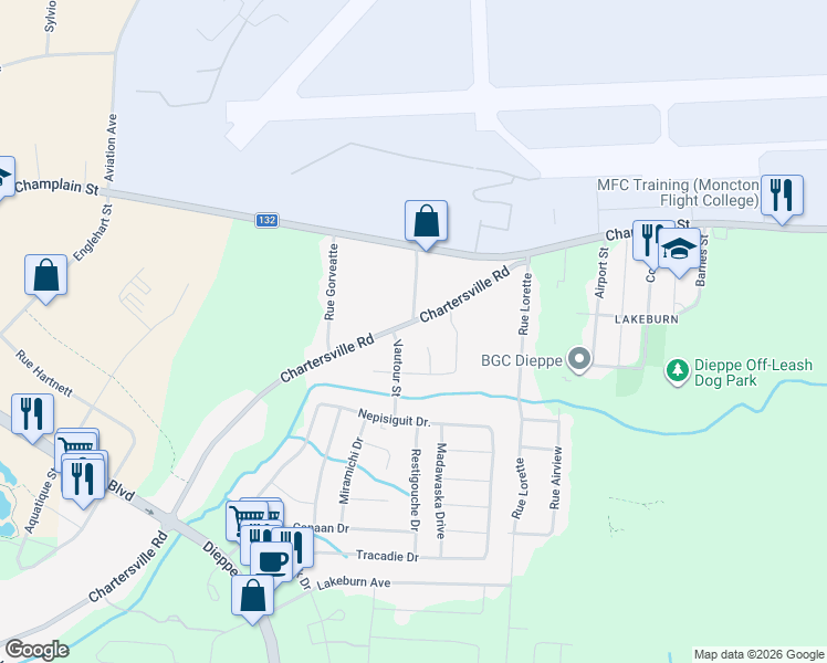 map of restaurants, bars, coffee shops, grocery stores, and more near 972 Chartersville Road in Dieppe