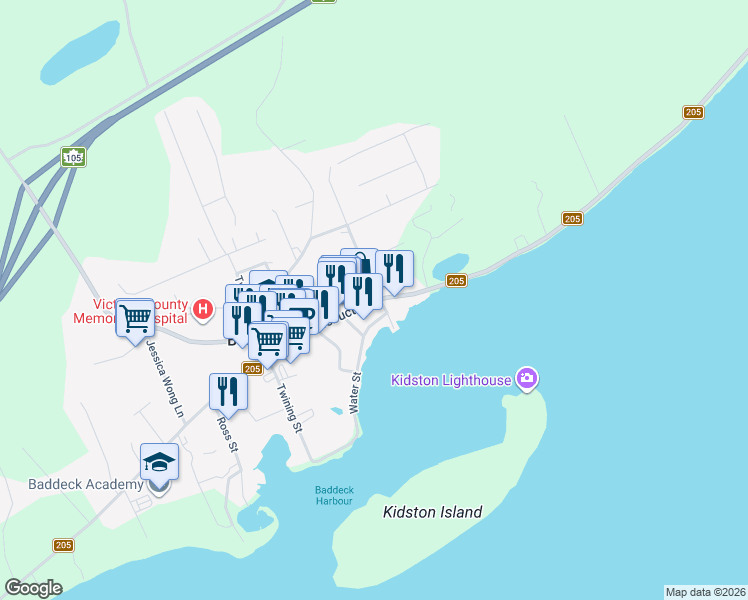 map of restaurants, bars, coffee shops, grocery stores, and more near 525 Chebucto Street in Baddeck