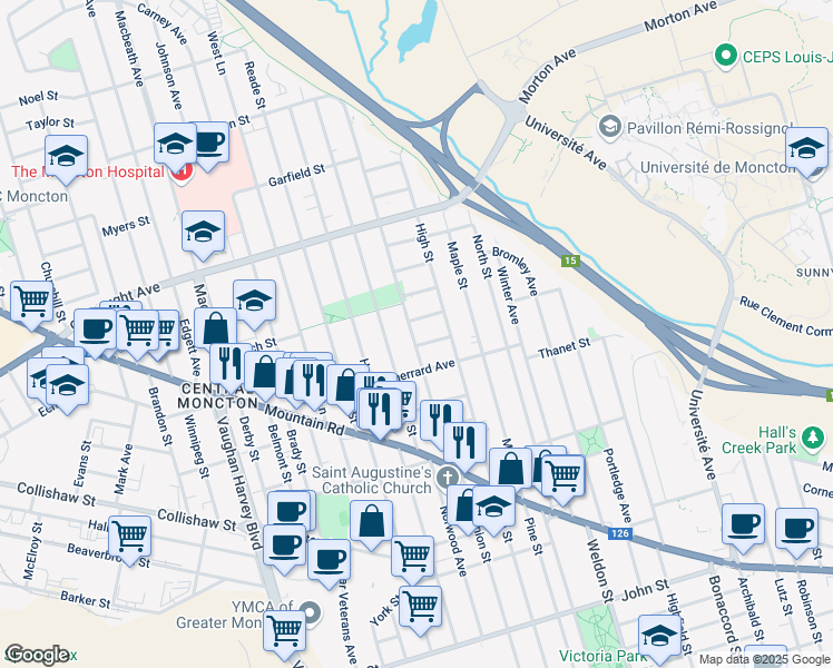 map of restaurants, bars, coffee shops, grocery stores, and more near in Moncton