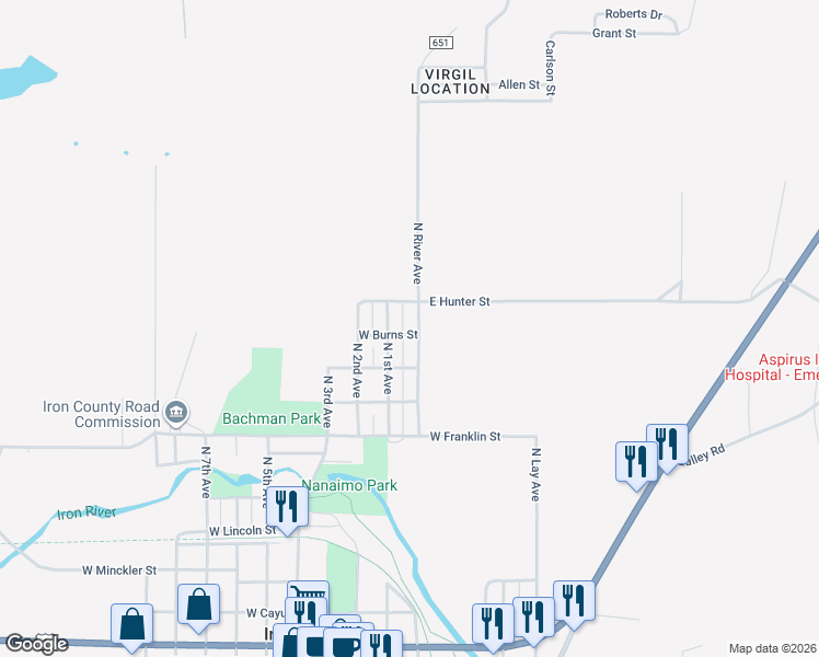 map of restaurants, bars, coffee shops, grocery stores, and more near 1401 North River Avenue in Iron River
