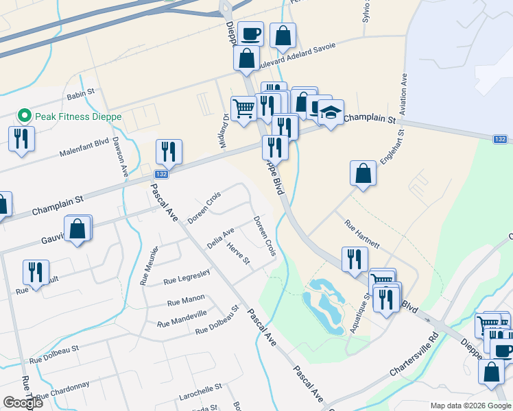 map of restaurants, bars, coffee shops, grocery stores, and more near 212 Irene Crescent in Dieppe