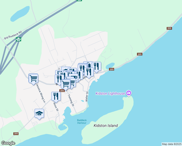 map of restaurants, bars, coffee shops, grocery stores, and more near 525 Chebucto Street in Baddeck