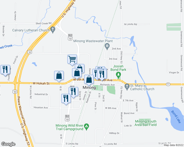 map of restaurants, bars, coffee shops, grocery stores, and more near 380 West 5th Avenue in Minong